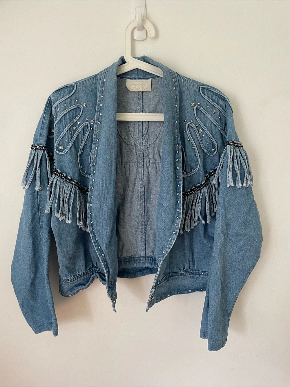 Vintage cache western fringe rhinestone denim jacket size M - Picture 7 of 10